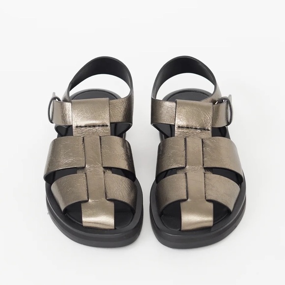 The Row Fisherman Bronze Gold Strappy Woven Leather Sandals - Picture 3 of 3